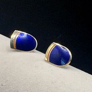 Vintage Skye Blue Enamel Gold Tone Modernist Stud Earrings Signed Designer